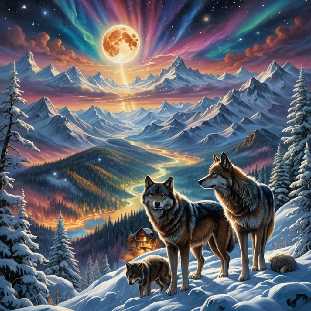 Wolves Under Aurora Borealis in Winter Landscape