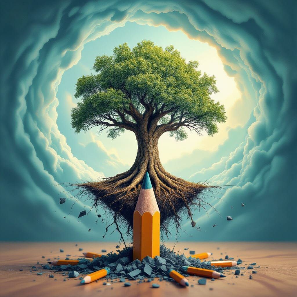 Ancient Tree Grows From Pencil in Surreal Digital Painting