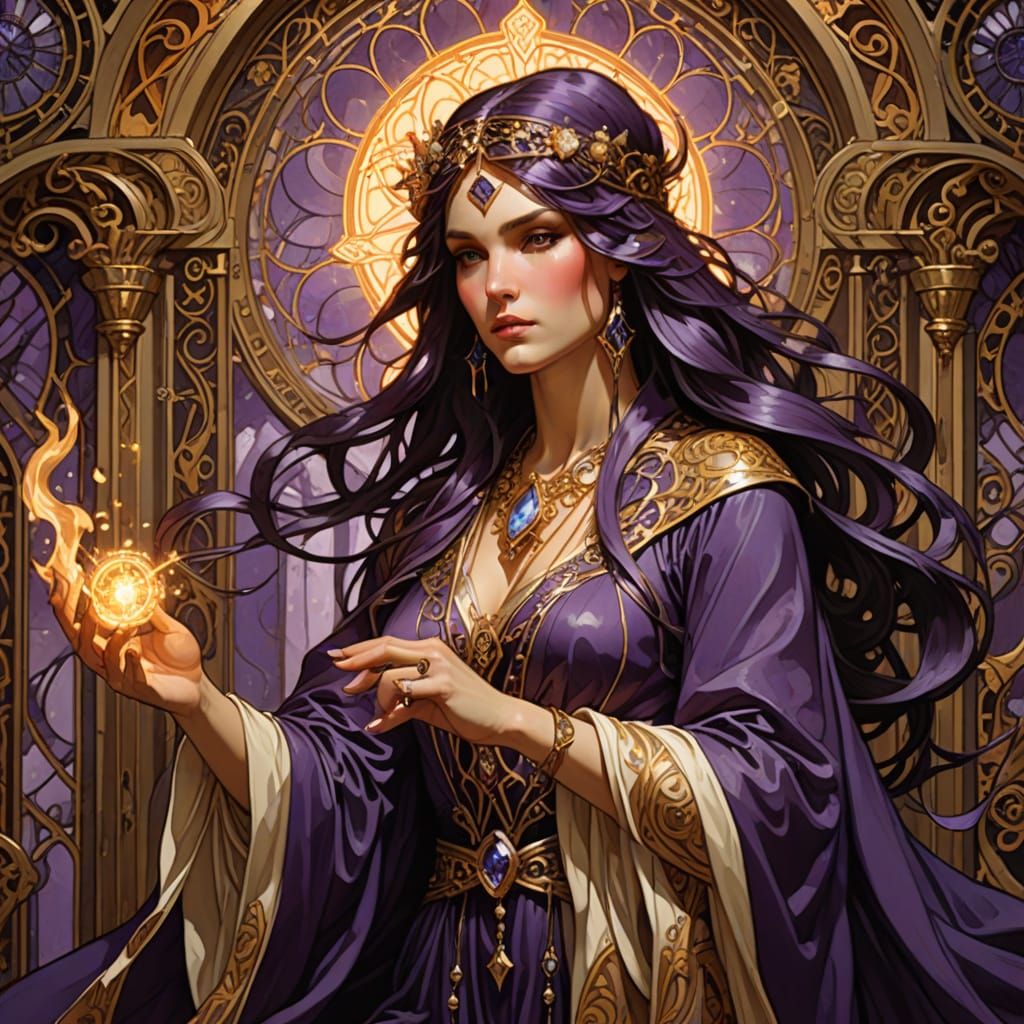 Sorceress Casting Spell in Ancient Chamber
