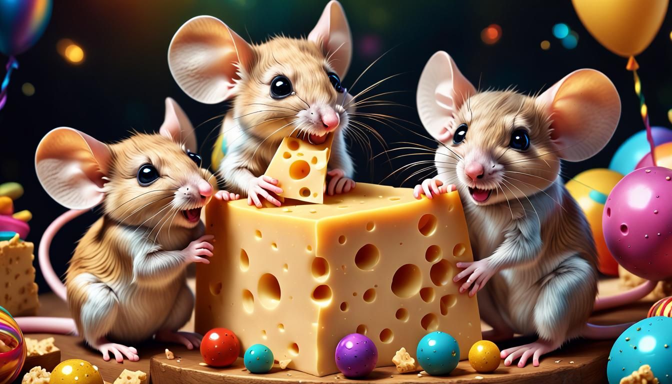 Cute Mice Celebrate Birthday in Psychedelic Art