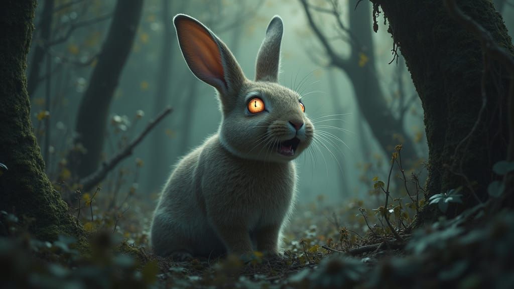 Eerie Glowing-Eyed Rabbit in Mystical Gothic Horror Forest
