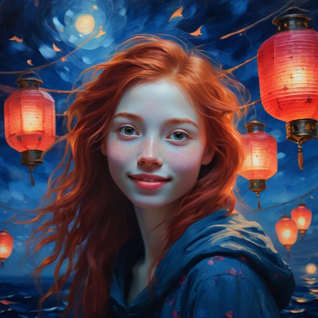 Crimson-Haired Woman Portrait with Starry Night Background