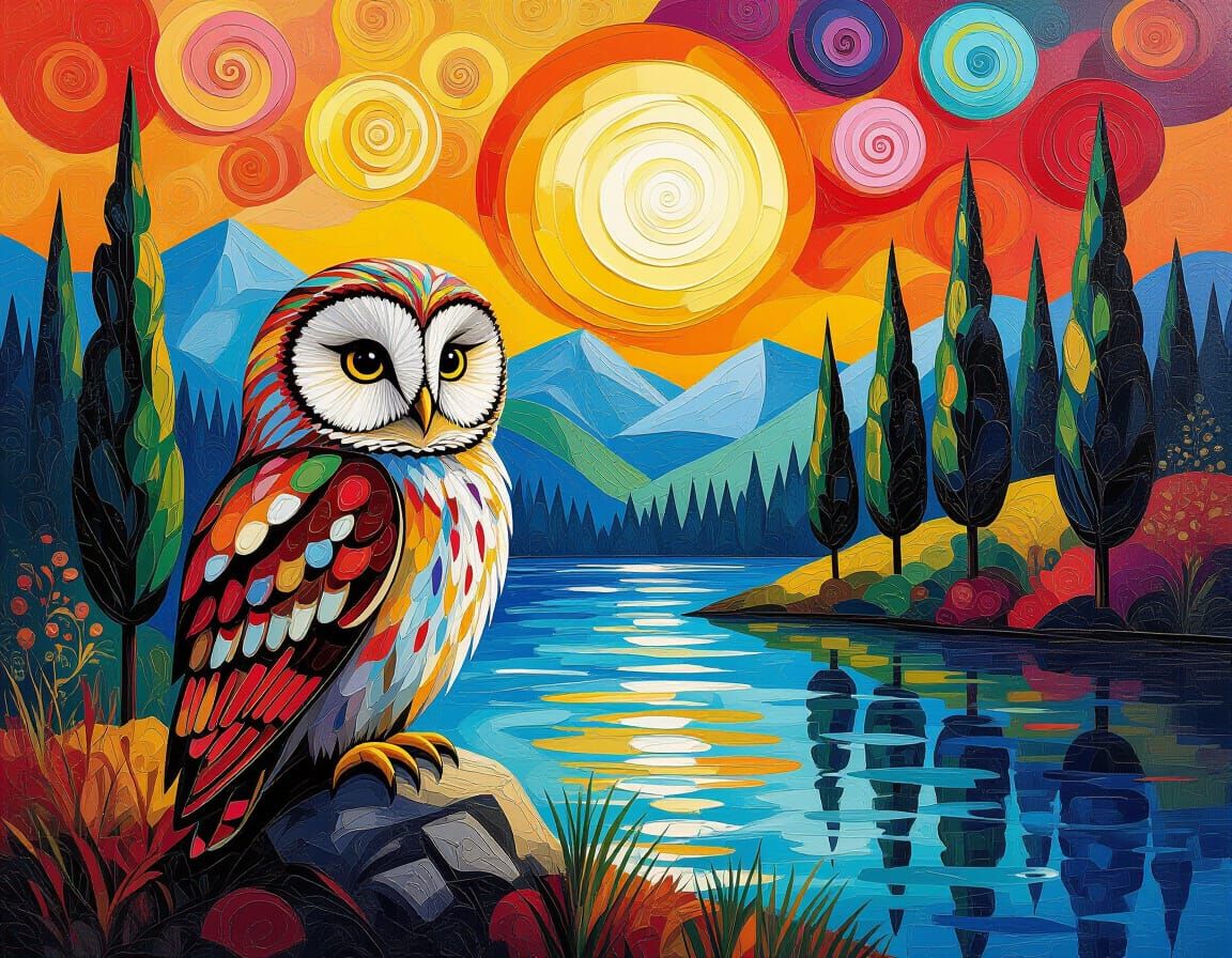 Surreal Impasto Owl Painting Near Lake