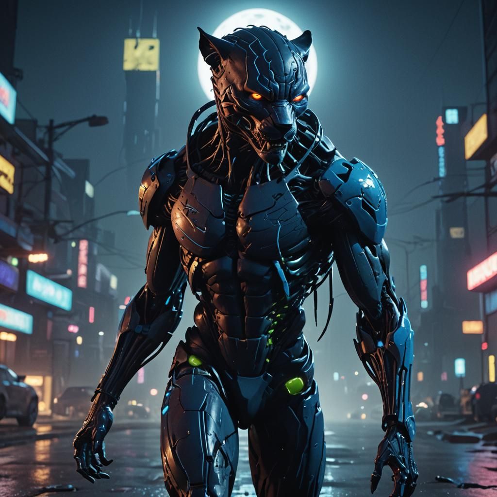 Cyberpunk Vampire Panther Under the Moon