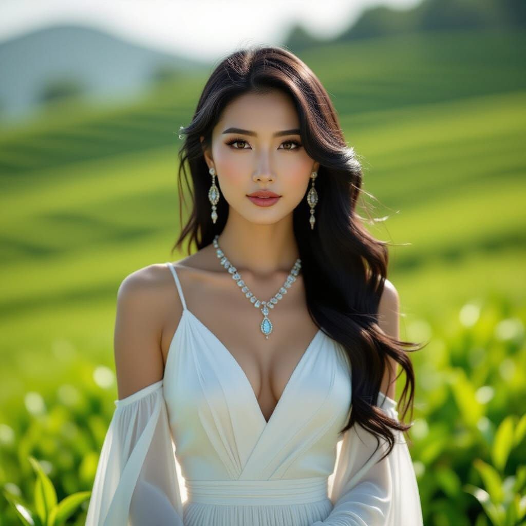 Beautiful Chinese Woman in Tea Plantation: Cinematic Portrai...