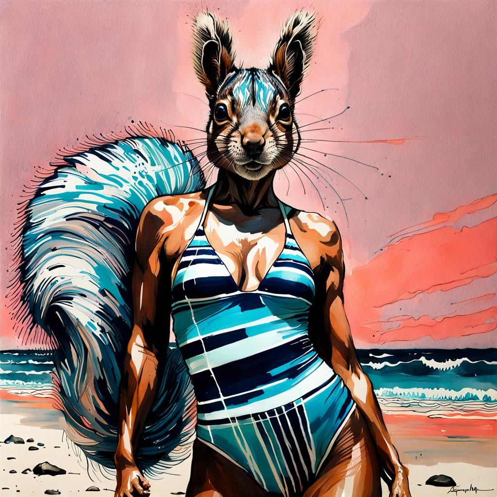 Squirrel in Striped Swimsuit: Detailed Splash Illustration