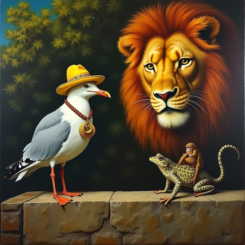 Surreal Seagull and Monkey on Frog in Dazzling Landscape