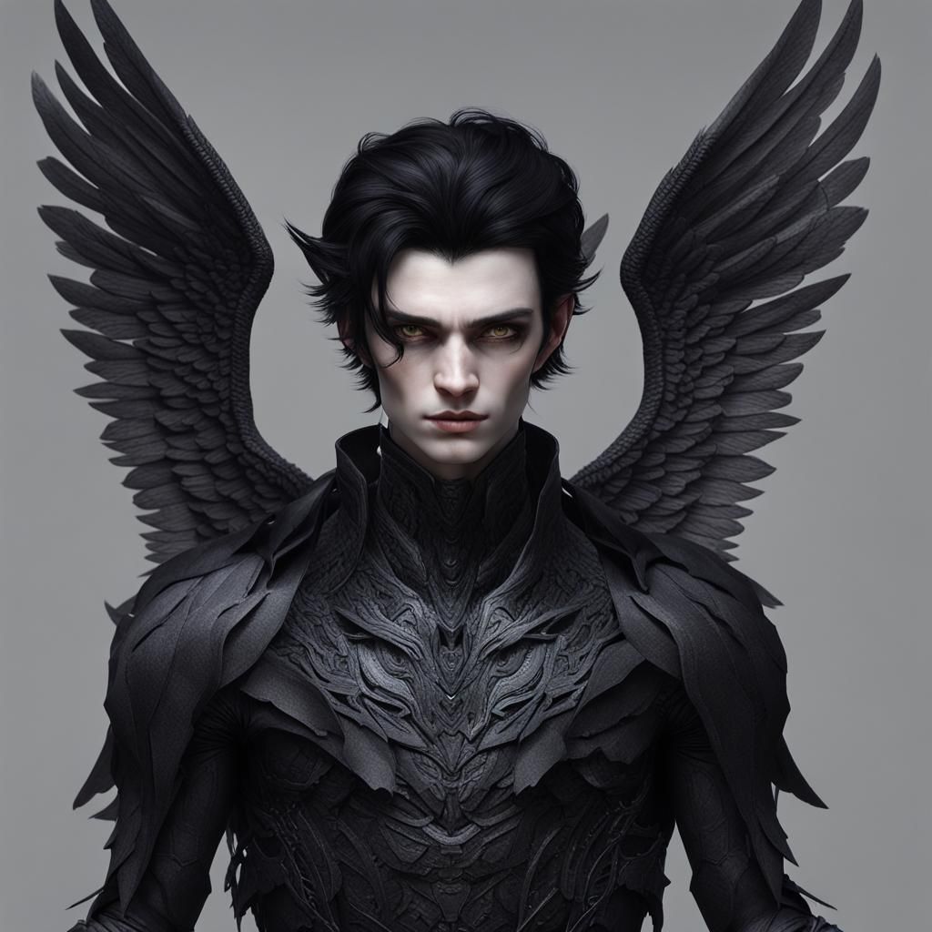 Humanoid Figure with Black Wings and Clothing