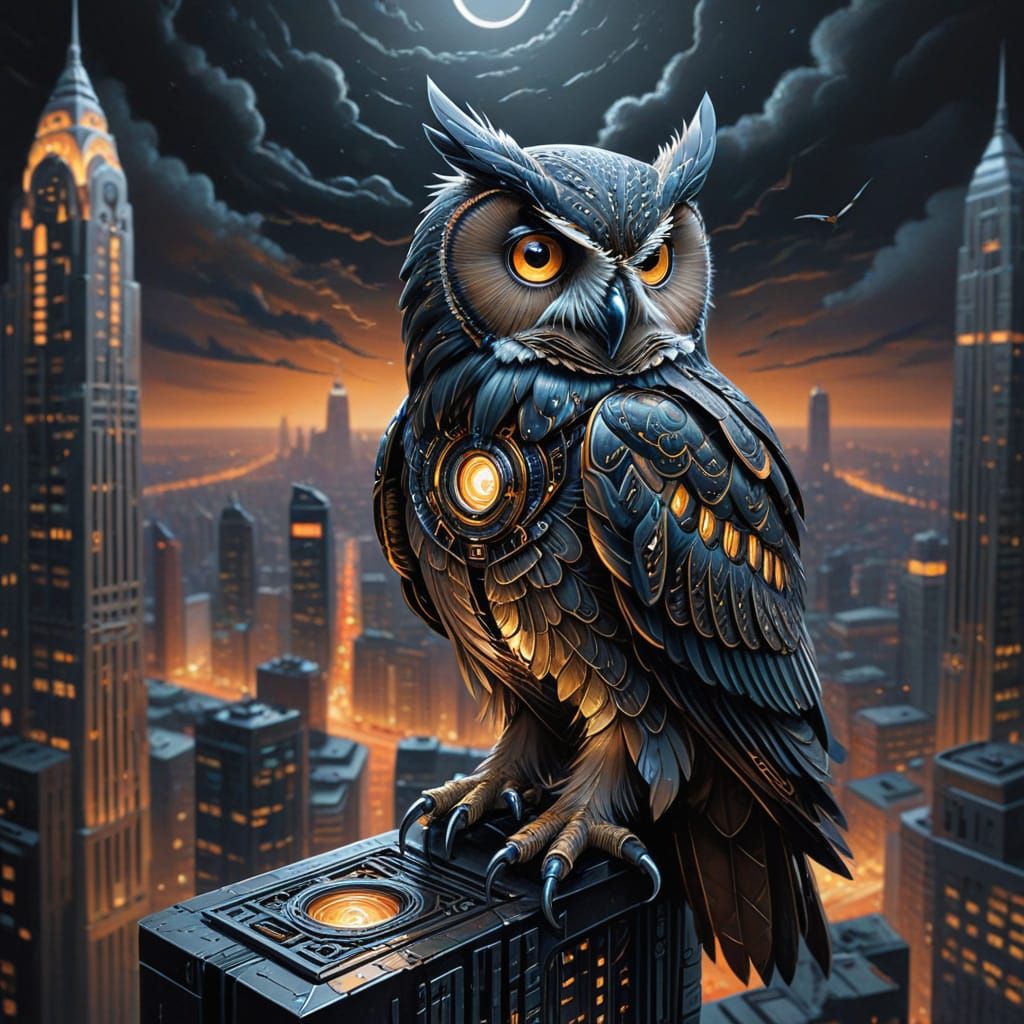 Biomechanical Owl on Art Deco Skyscraper in Retro-Futuristic...