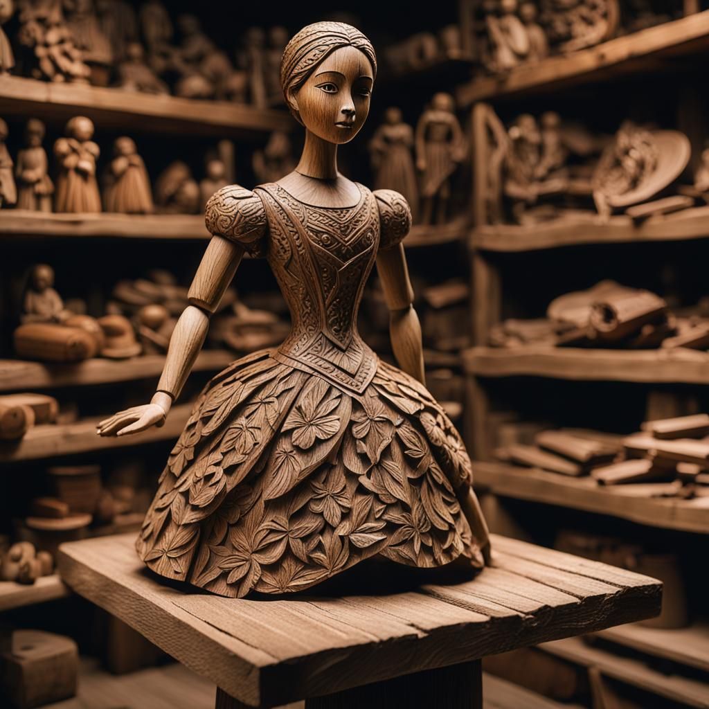 Intricate Wood Carving of a Female Doll Sculpture