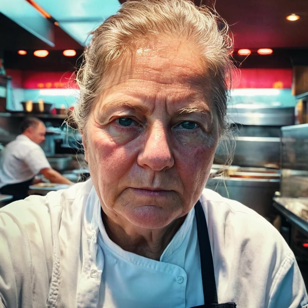 Chef Portrait in Busy Restaurant with Neon Lighting