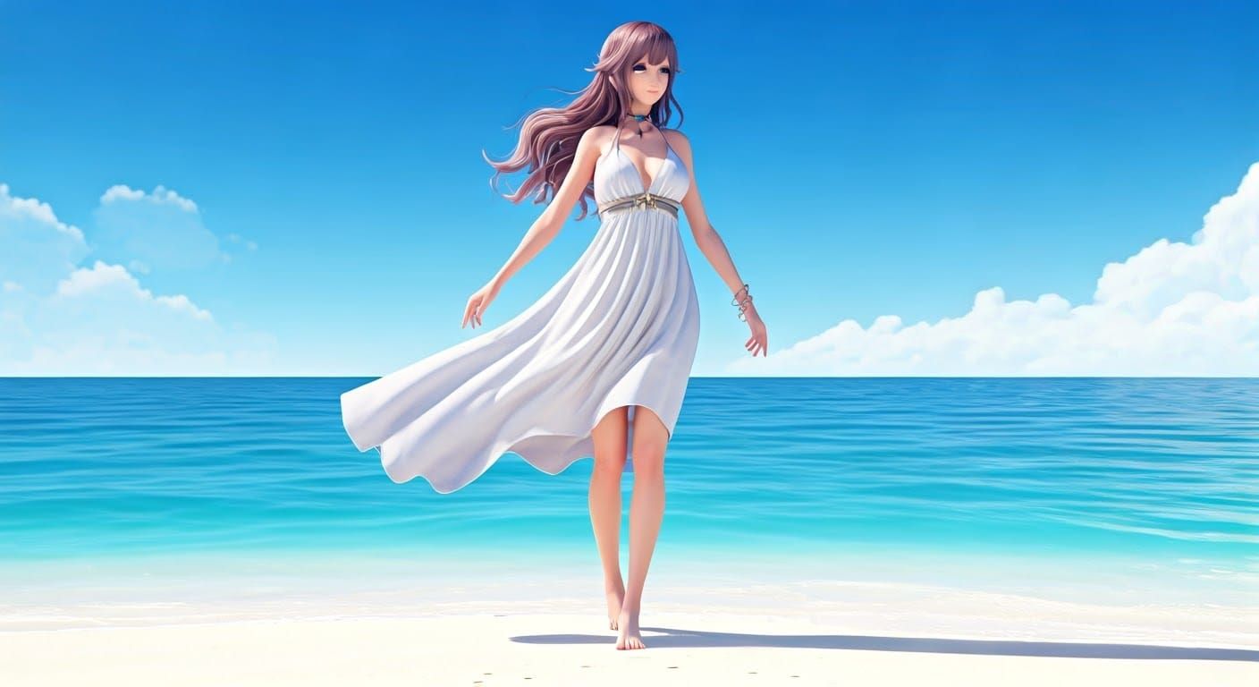 Anime Woman on Beach in 3D Art Style