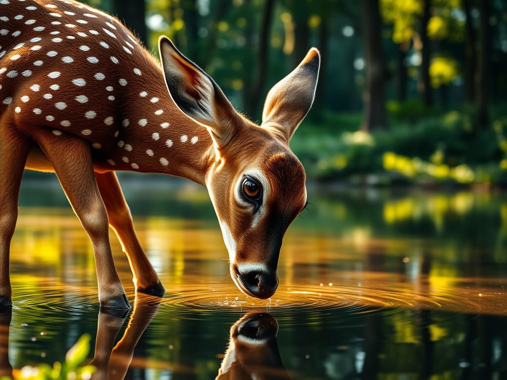 Chital Deer Drinks From Serene Lake in Golden Forest Light