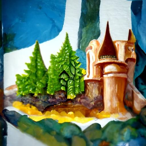 Detailed Gouache Painting of a Forest Castle