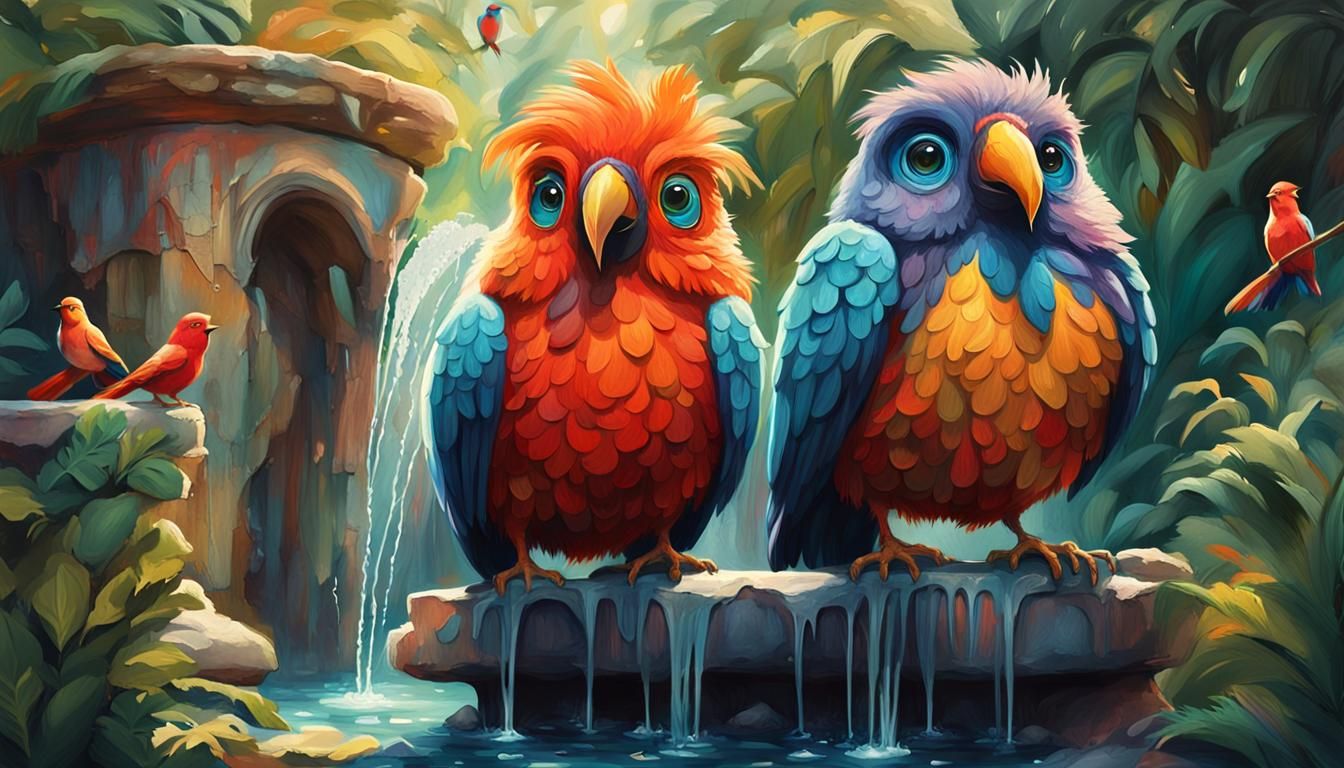 Anthropomorphic Birds on Stone Fountain, Vivid Oil Painting