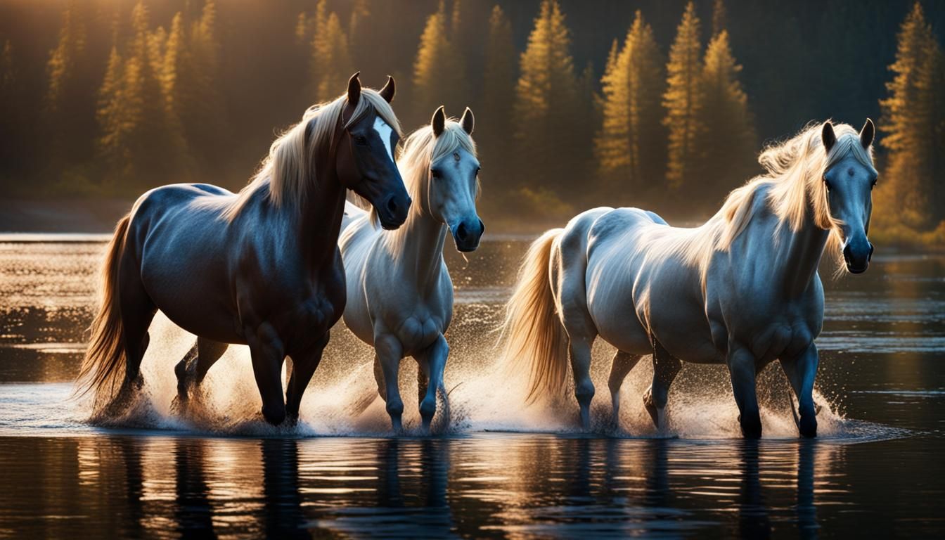 Horses in Lake: Hyperrealistic Cinematic Photography
