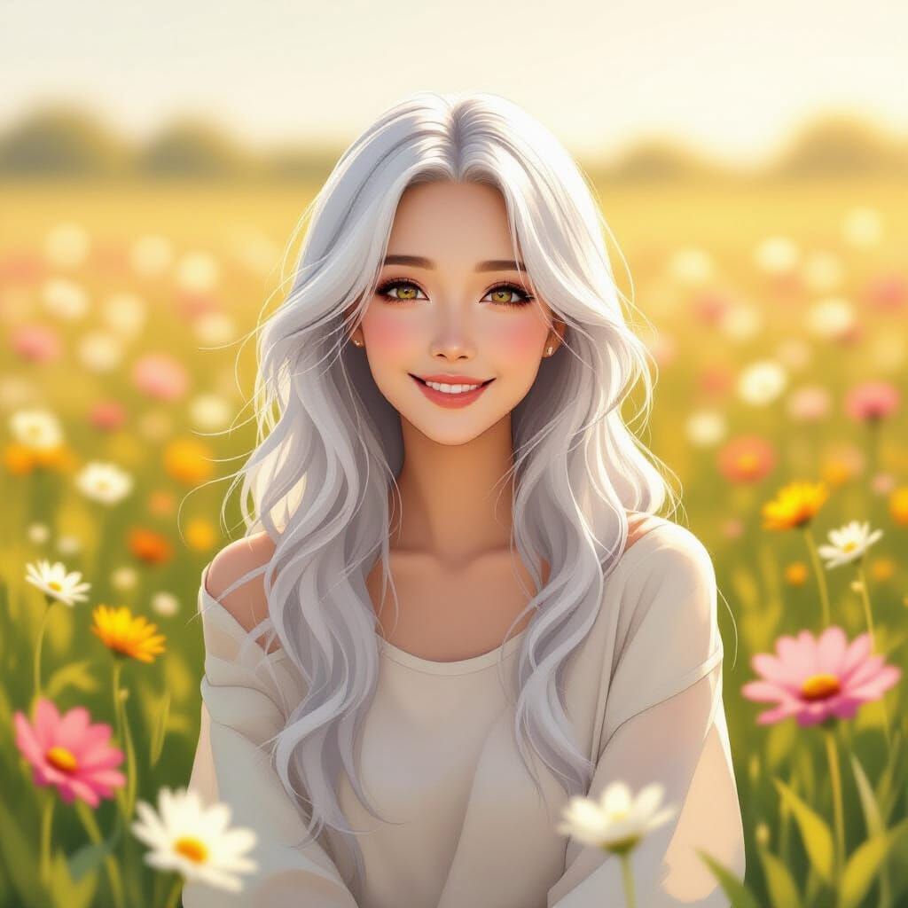 Serene Woman in White Amidst Flowers, Divine Radiance
