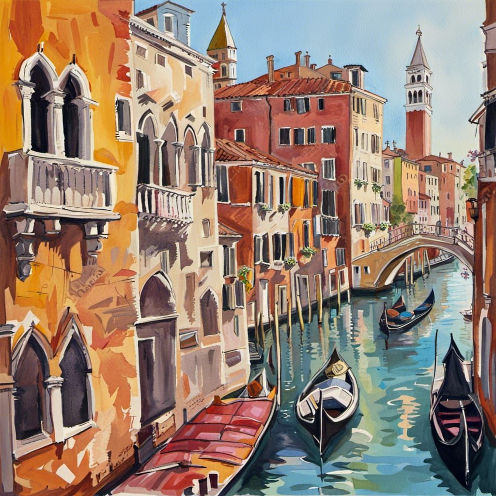 Detailed Gouache Painting of Venice, Italy
