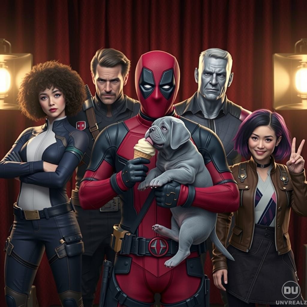 Hyper-Realistic Deadpool Family Portrait with Puppy