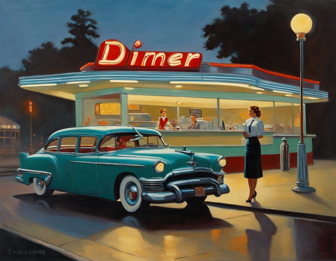 Edward Hopper Style Diner Scene with Neon Lights