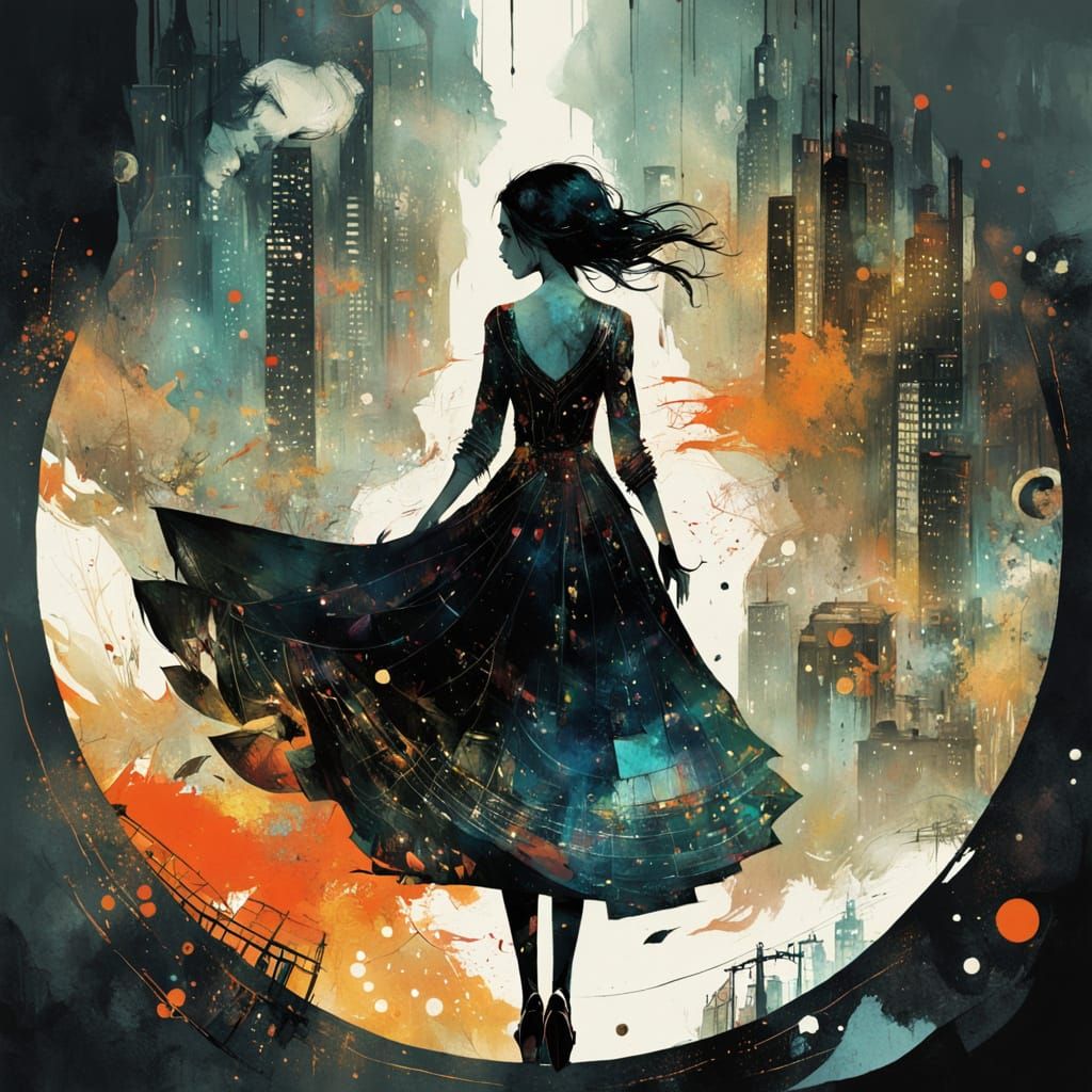 Surreal Figure in Neon Paint Dress Over Twisted Cityscape