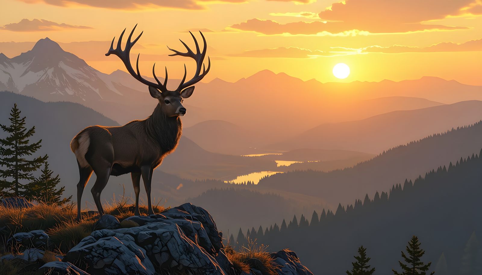 Majestic Deer Guarding Forest at Sunset