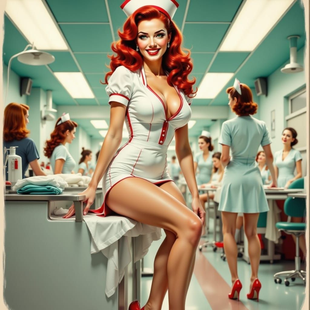 Pin-Up Nurse Sits At Desk in Retro Style