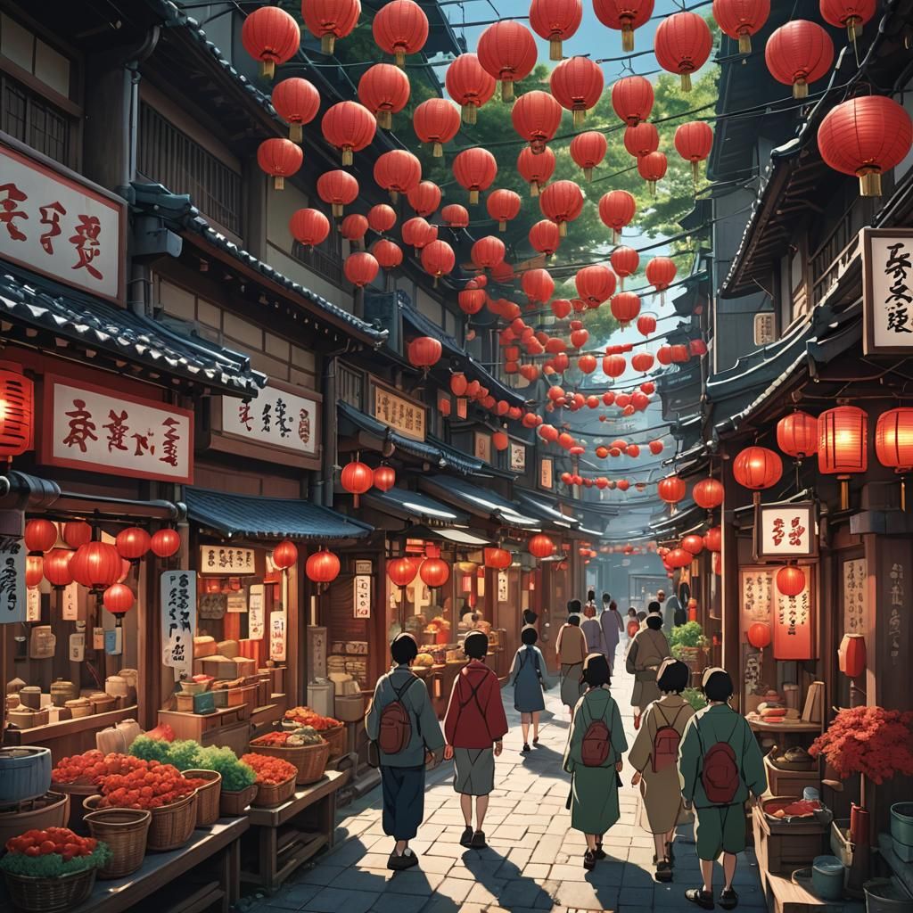 Vibrant Japanese Market in Studio Ghibli Anime Style