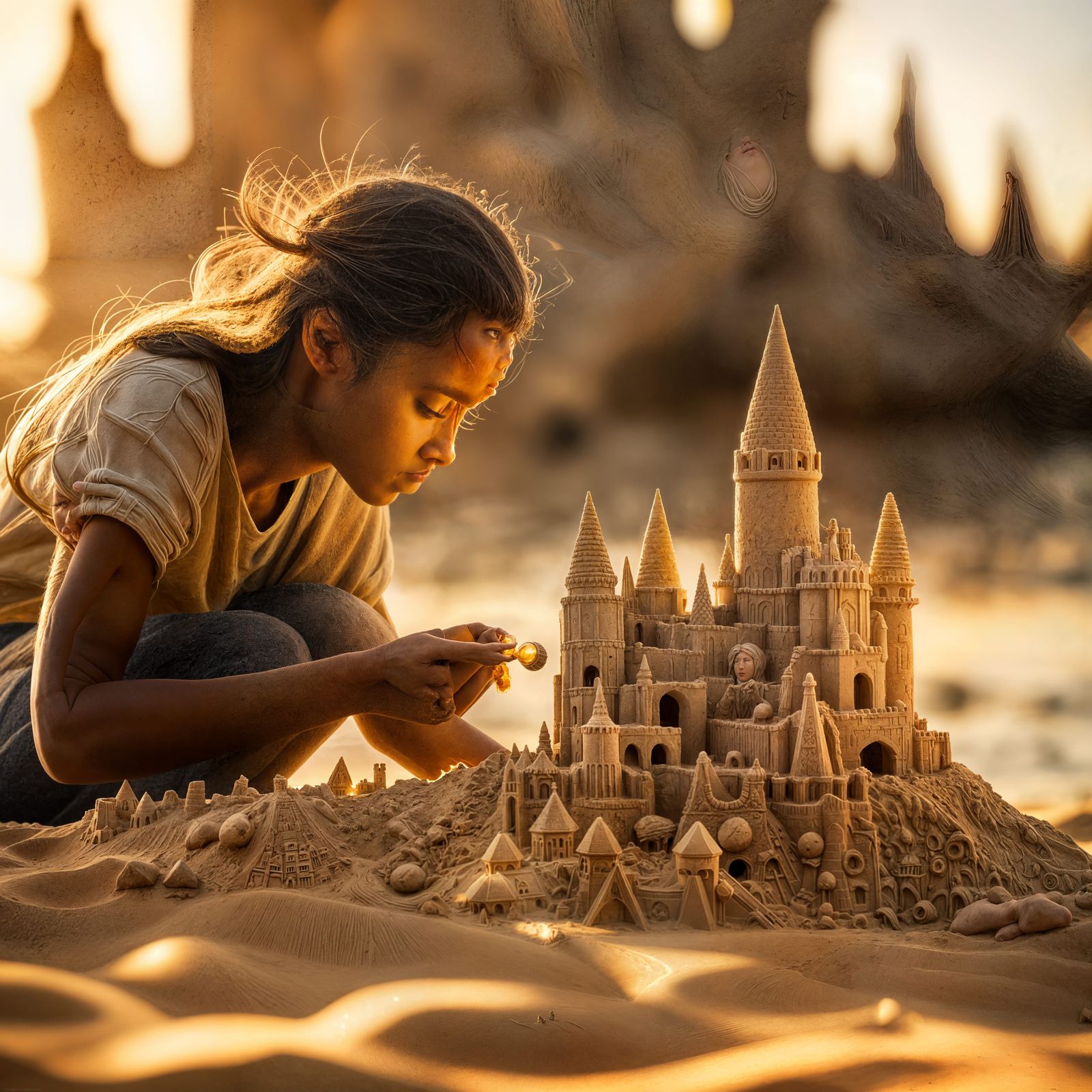 Hyperrealistic Sandcastle Creation by a Young Woman