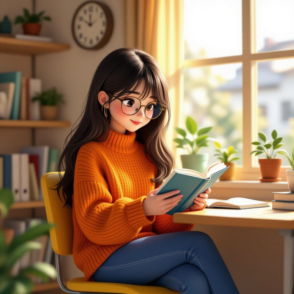 Cute Girl Reading by Window in Cozy Room