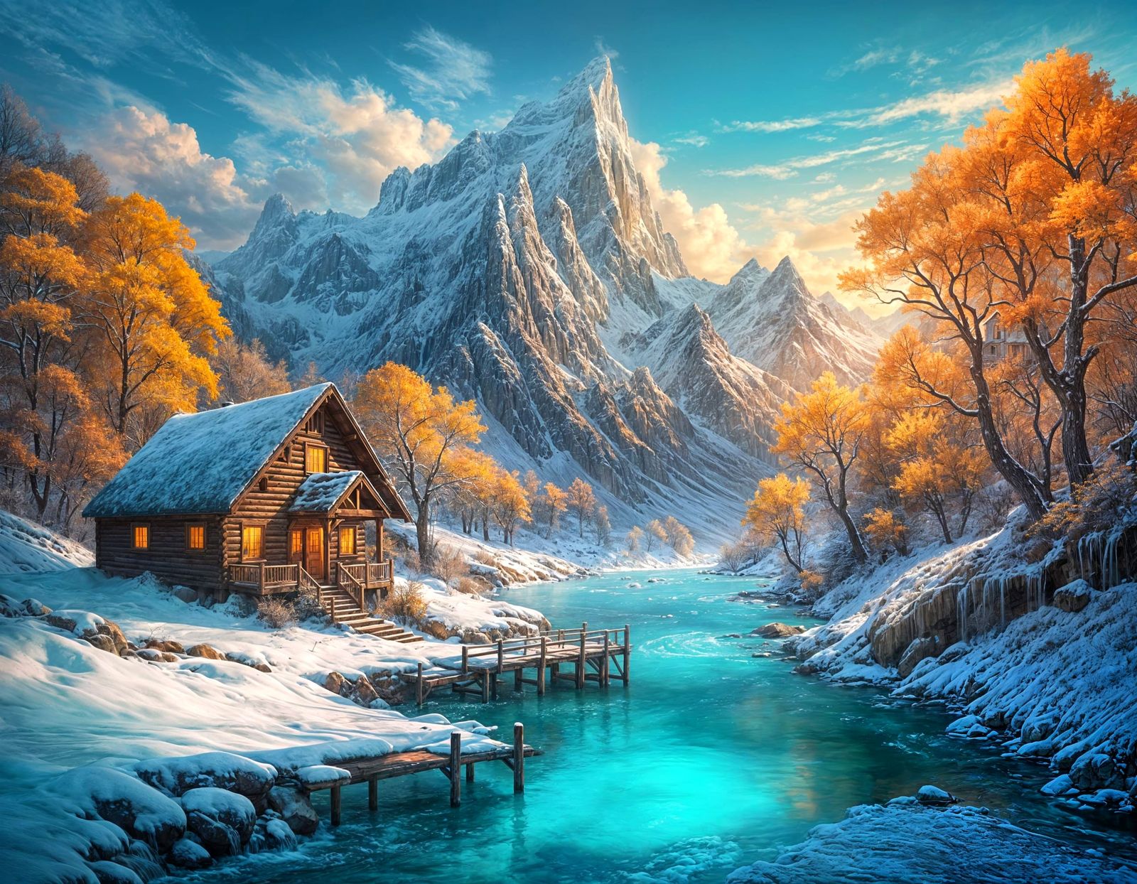 Cozy Cabin on Snowy Cliff Overlooking Turquoise River