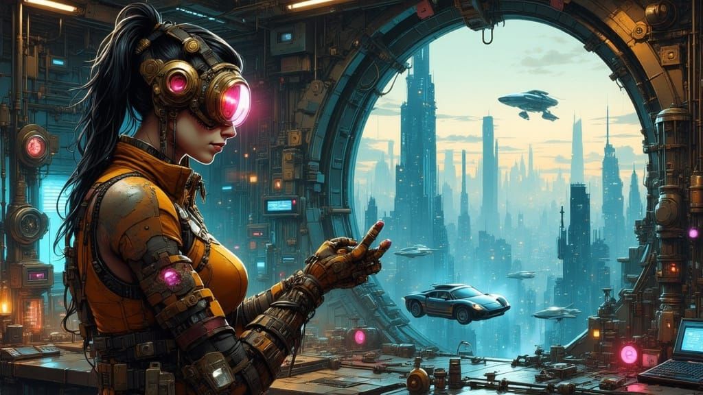 Steampunk Mechanic Woman Repairs Hover Car in Cyberpunk Shop