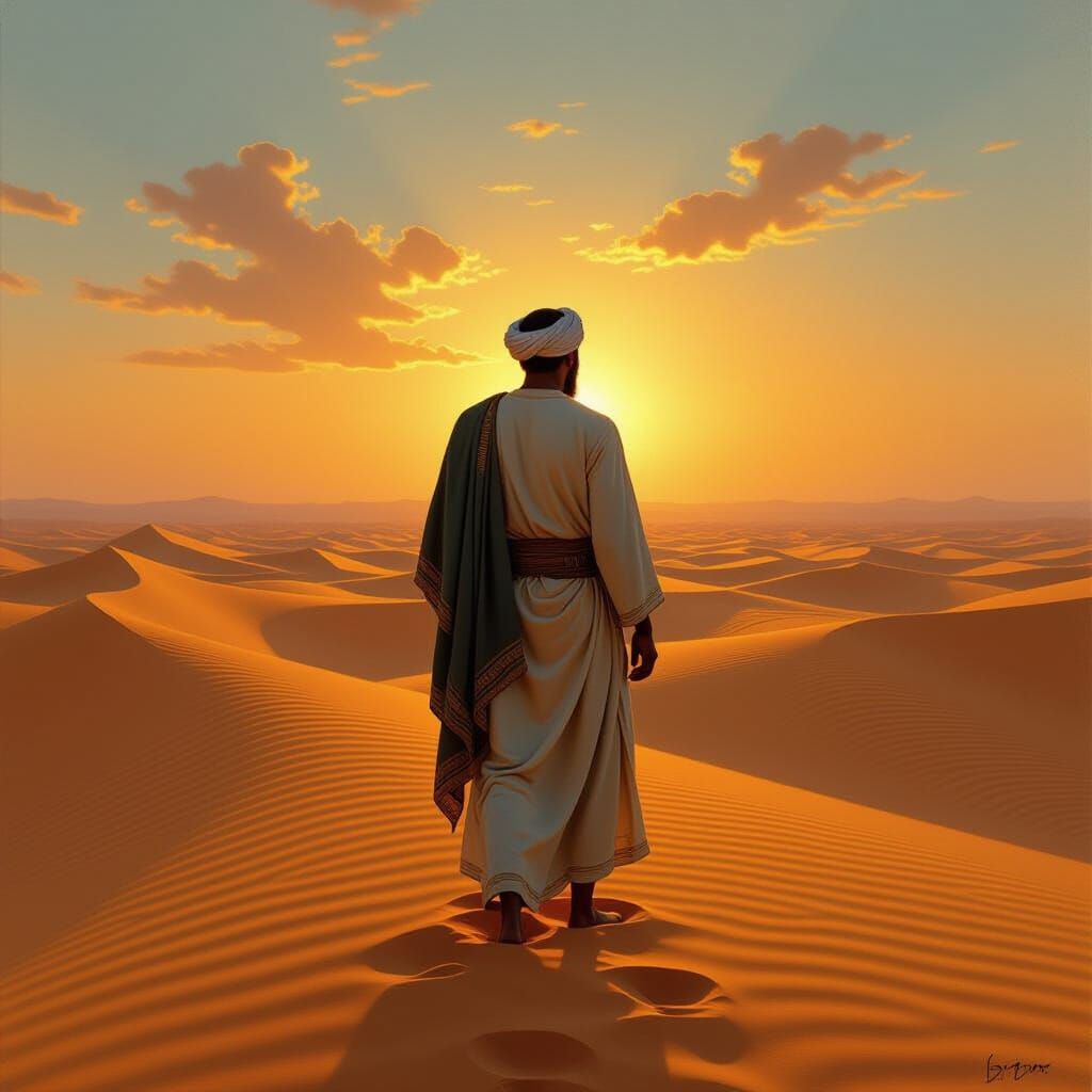 Muslim Man in Ancient Attire in Desert at Golden Hour