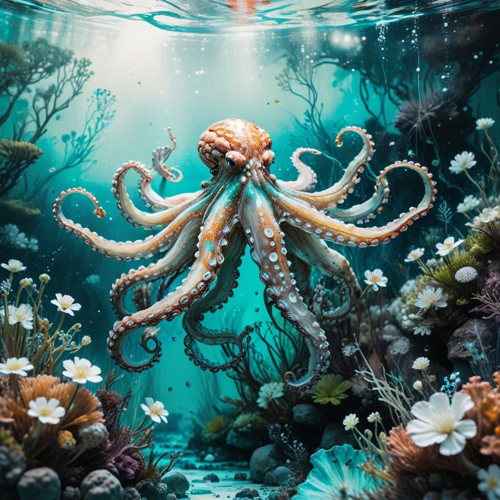 Bioluminescent Octopus Gliding Through Coral Garden