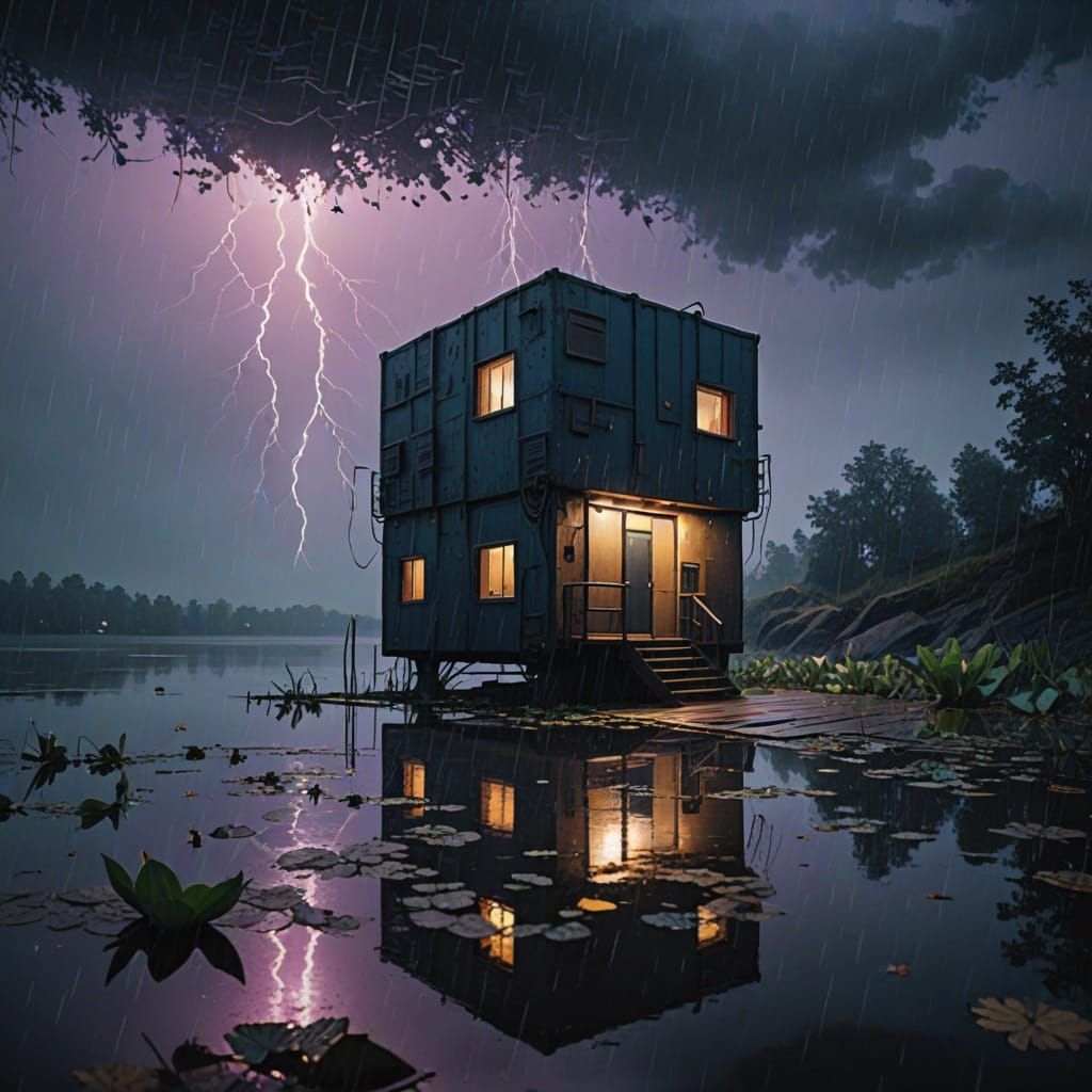 Cinematic Futuristic Cabin Amidst Lotus-Lake Serenity