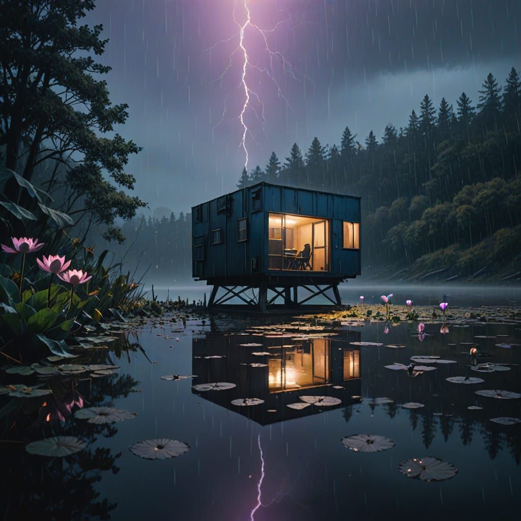 Ethereal Cube-Shaped Cabin in Moody Rainy Landscape