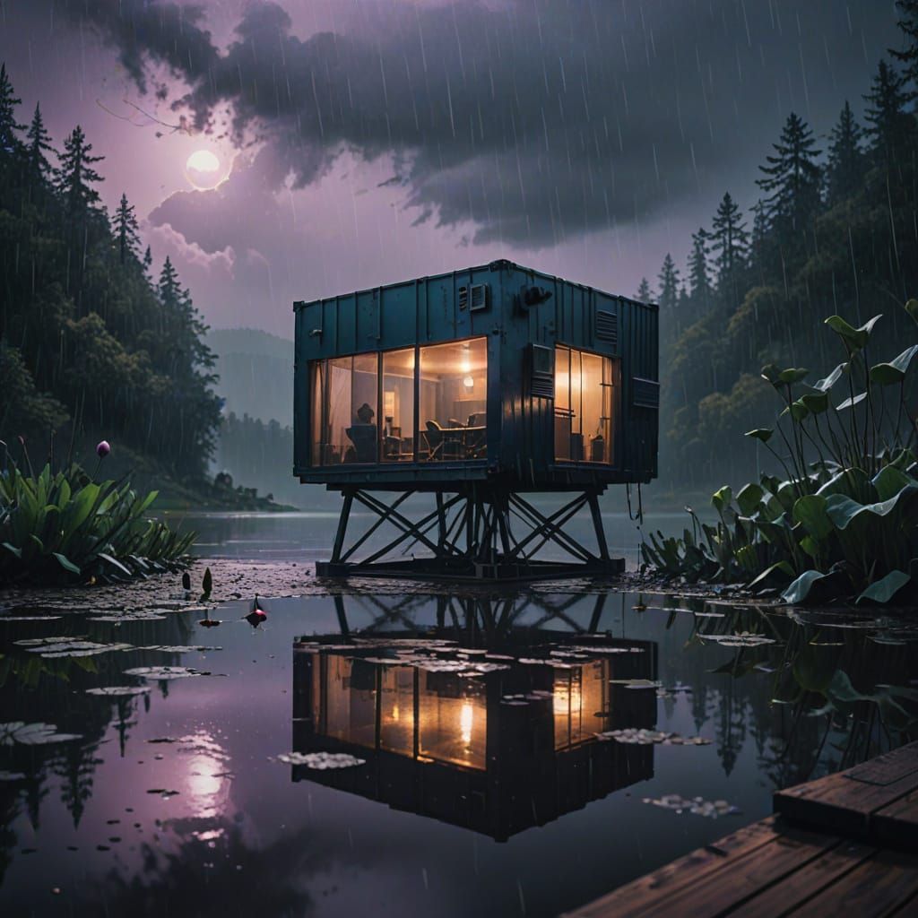 Cube-Shaped Cabin on a Lotus-Filled Lake in a Futuristic Sto...