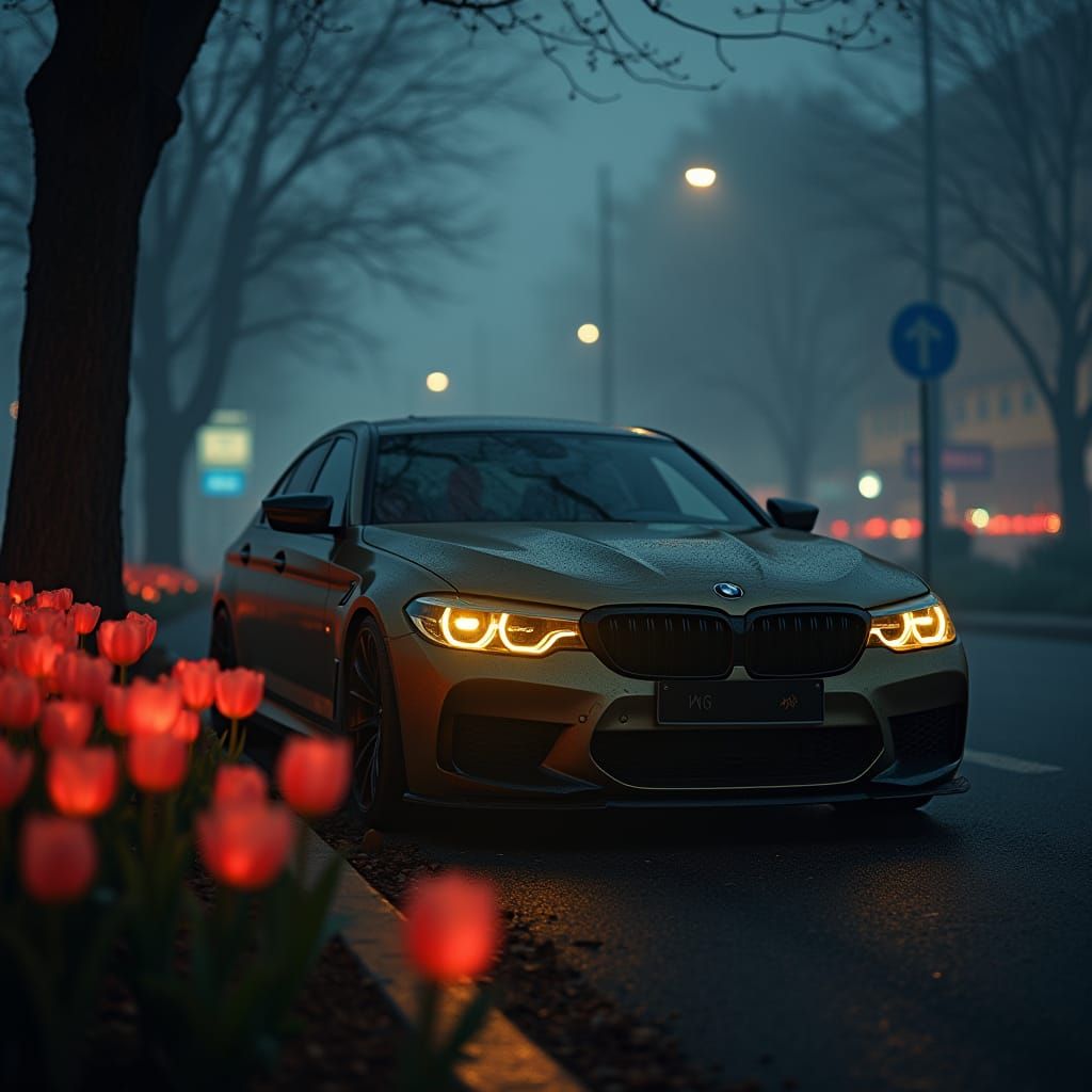 BMW M5 CS in Misty Urban Nightscape