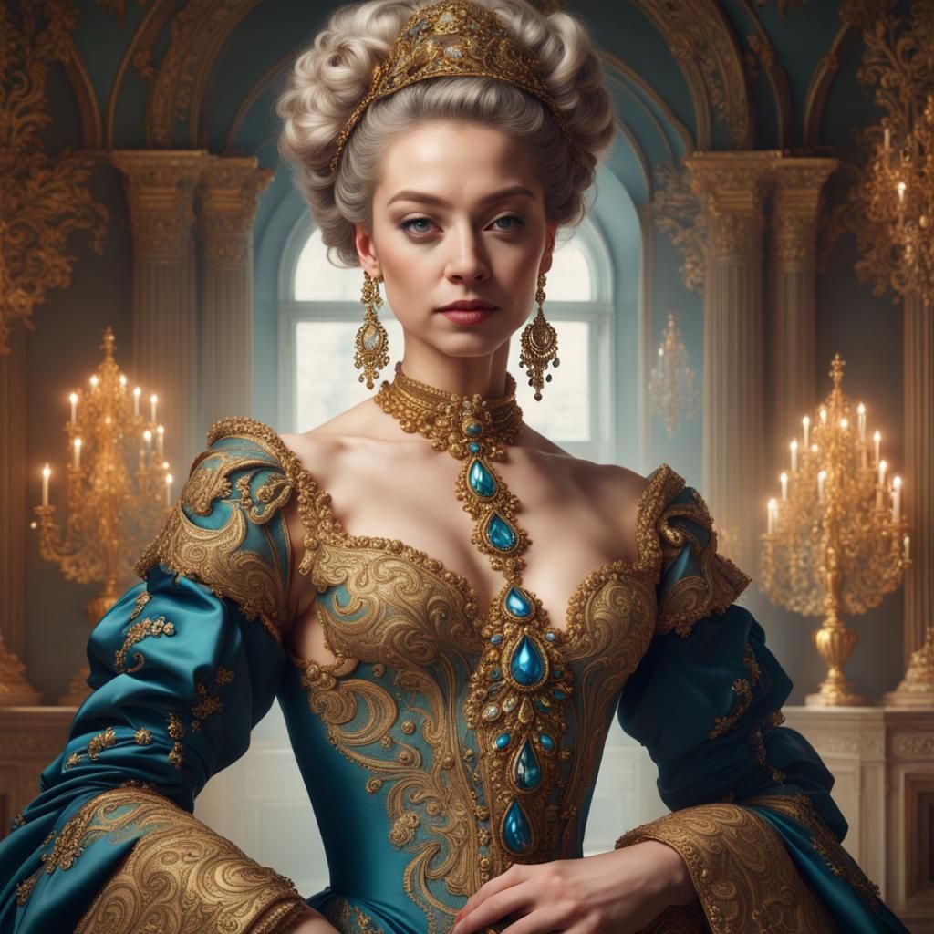 Beautiful baroque queen, posing for a portrait, with hairstyle full of jewels, and dress with golden embroidery in arabe...