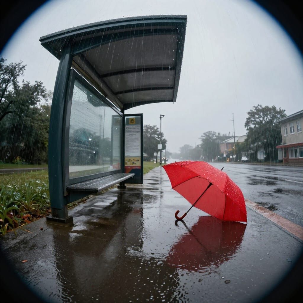 Rain-Slicked Bus Stop Shelter in Moody Gray Light