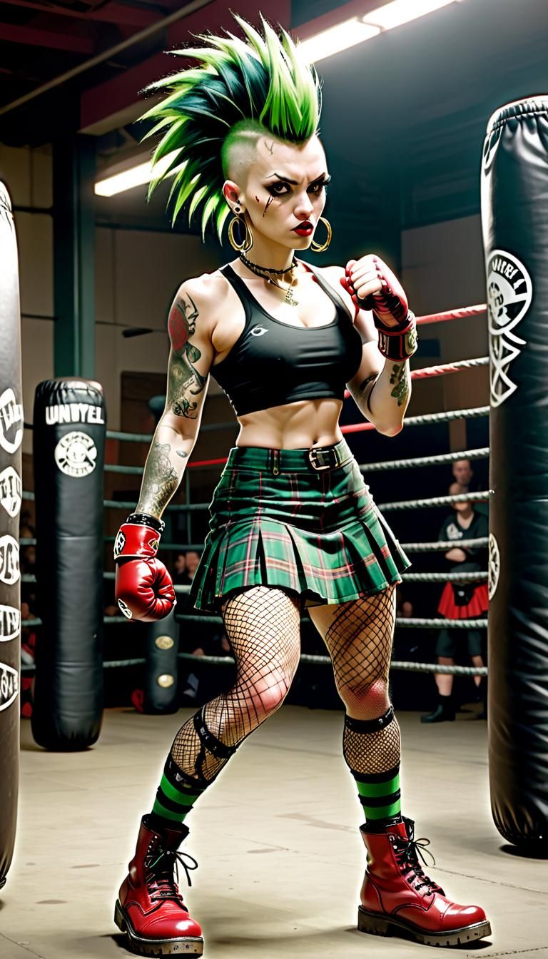 Tough Punk Girl with Green Mohawk and Brass Knuckles