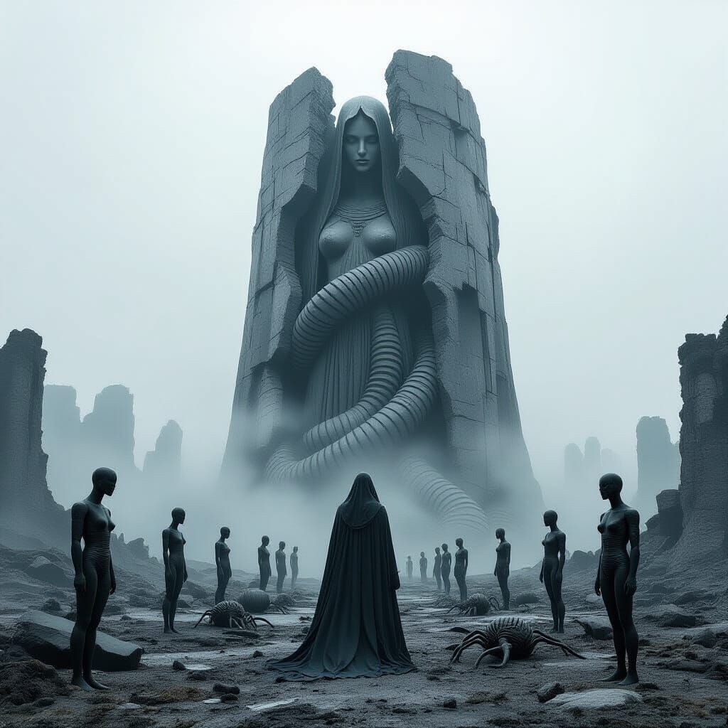 Monochrome Apocalypse with Colossal Cracked Statue