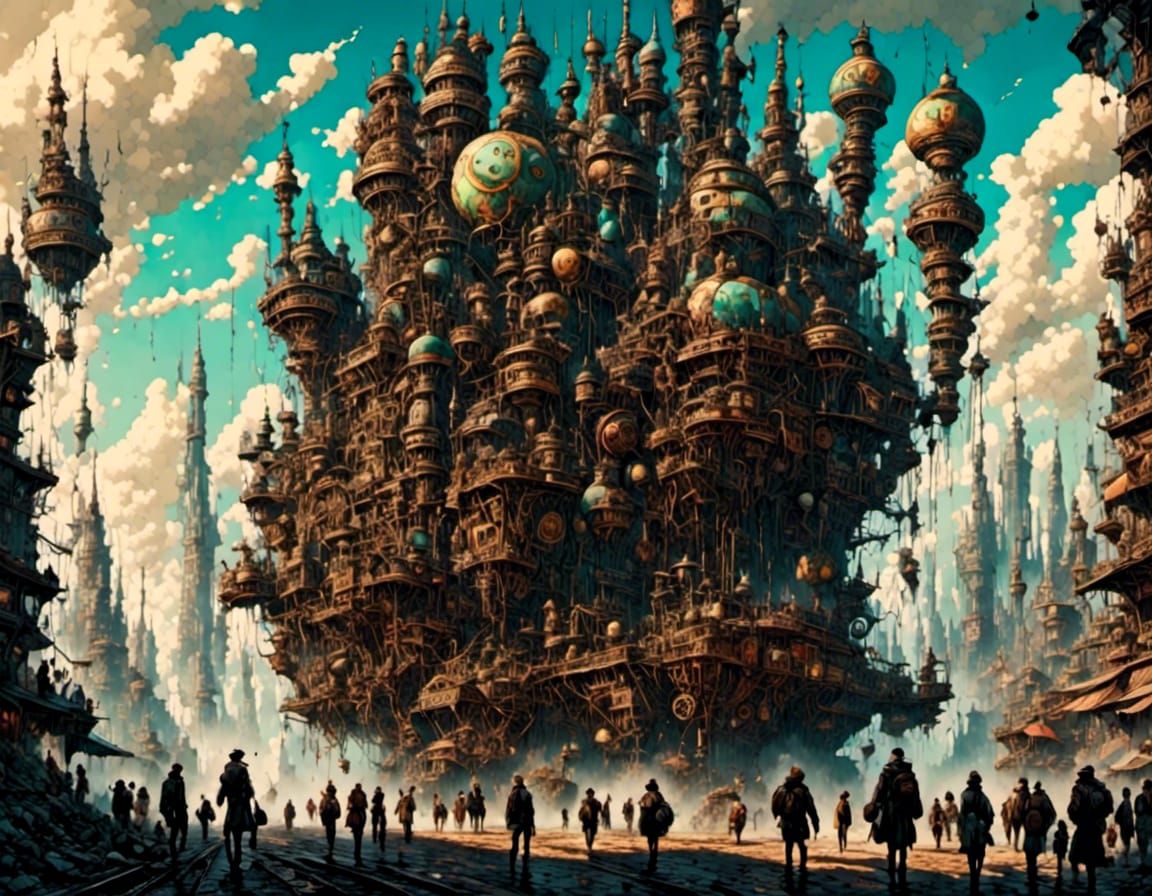 futuristic steampunk cityscape with a post apocalyptic dysto...