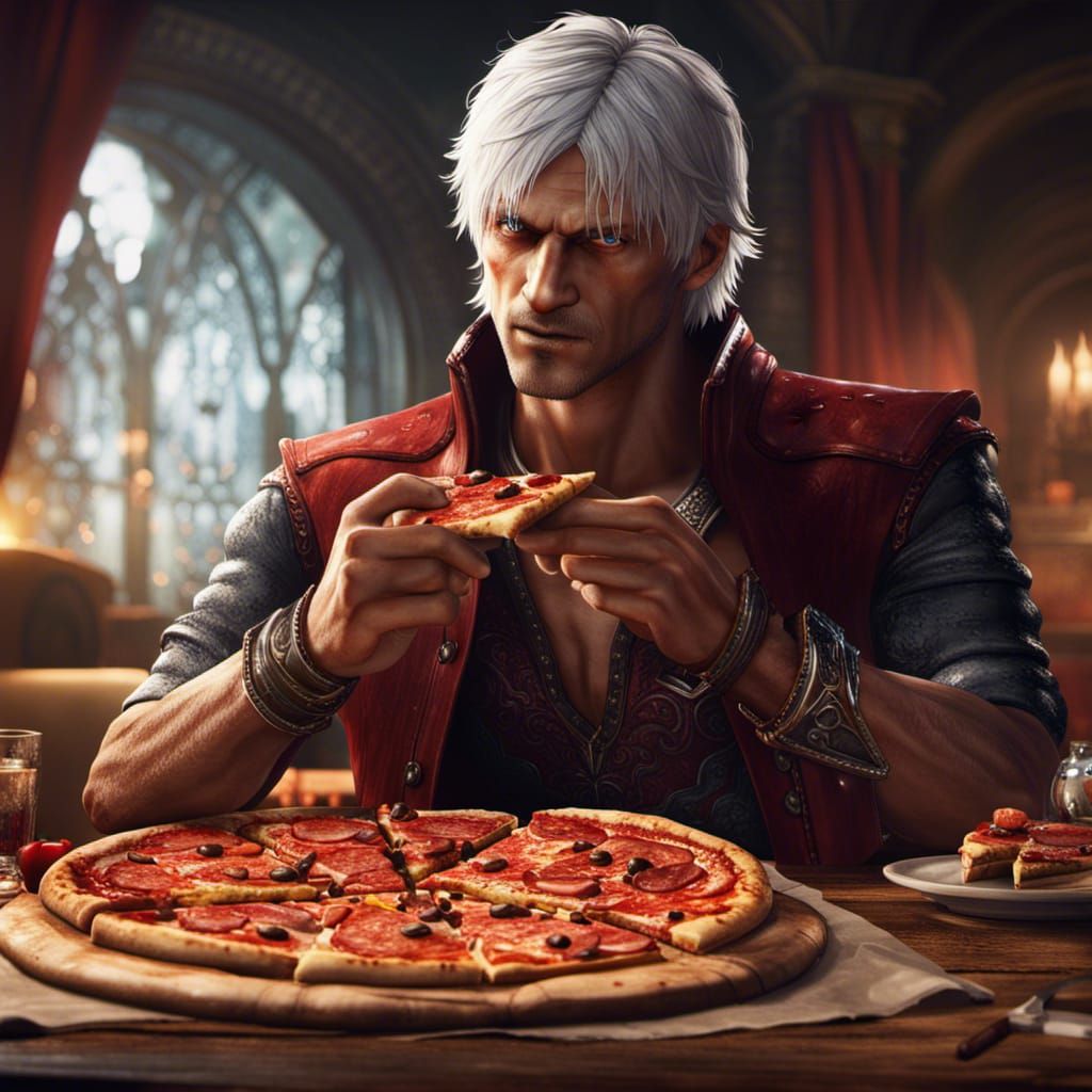 Dante from Devil May Cry Eating Pizza