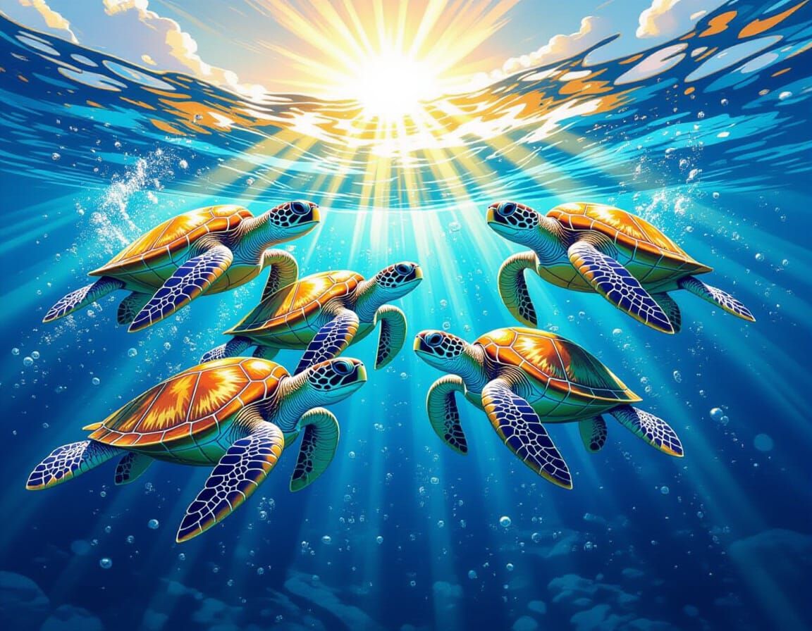 Majestic Sea Turtles in Underwater Fantasy Realism