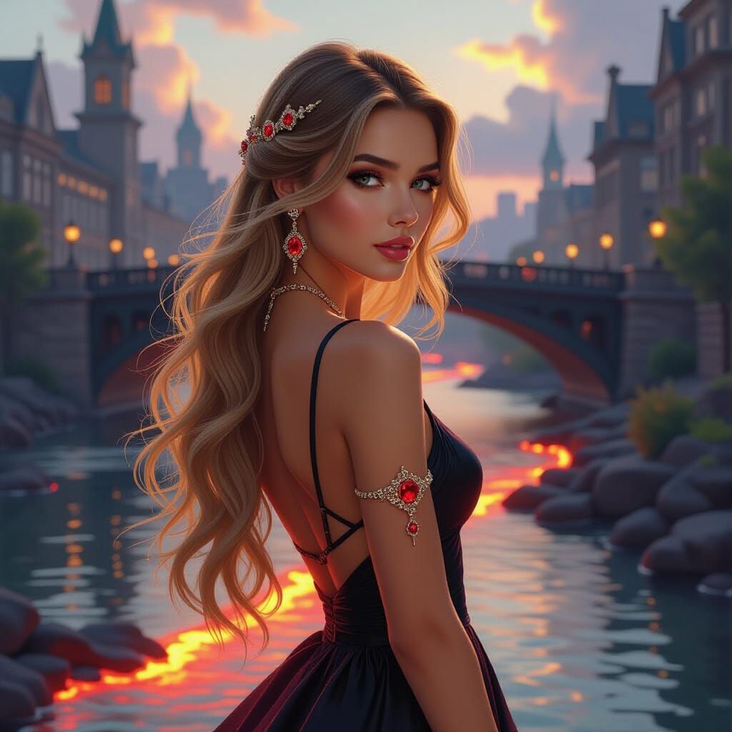 Ethereal Woman on Lava Bridge: Artgerm, Mucha, Mead Fusion