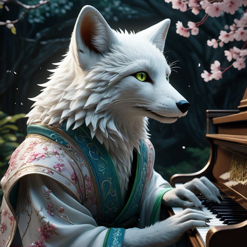 Serene Moonlit Fox Plays Majestic Piano Amidst Sakura Blosso...
