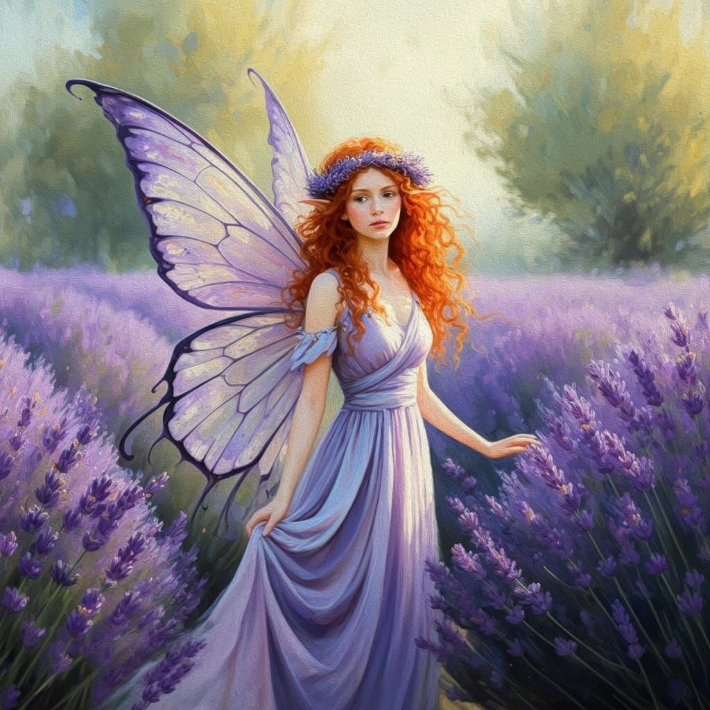 Whimsical Fairy in Lavender Field, Impressionist Art Style