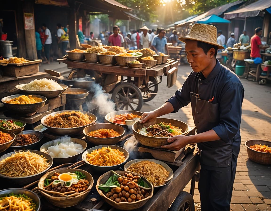 Indonesian Street Food Vendor in Golden Hour Light