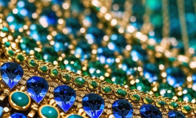 blue, green, turquoise, emerald, topaz, lapis lazuli jewelry, shiny, beautiful, intricate, Professional photography, bok...